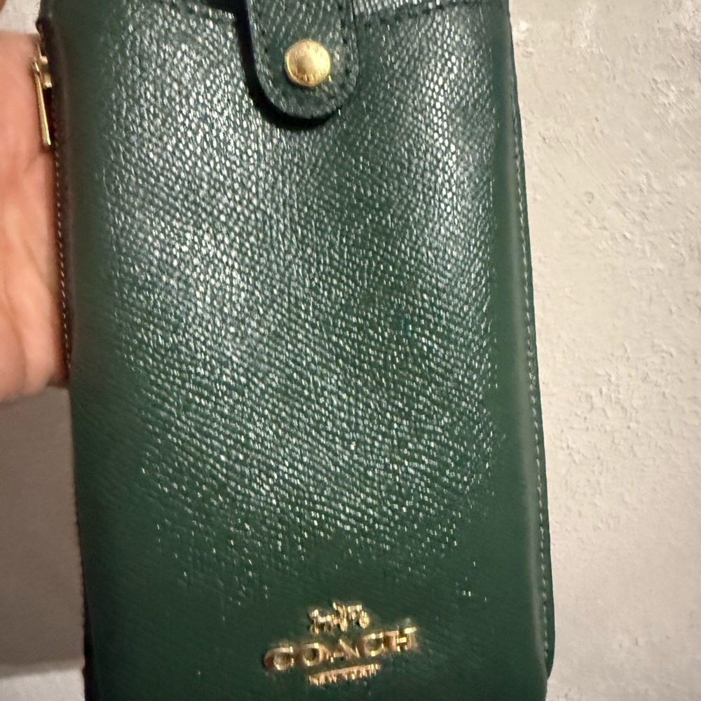 Coach Dark Green Pebbled Leather Wallet Phone Case with Gold Hardware